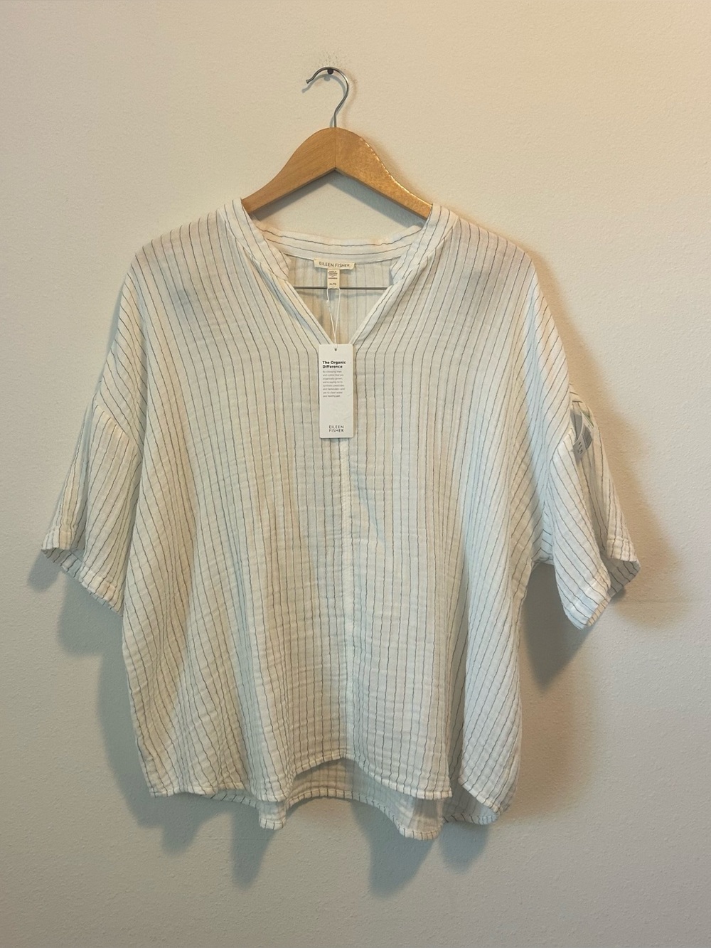 New! Eileen Fisher Women’s XL Cream Thin Blue Stripes Organic Cotton Top